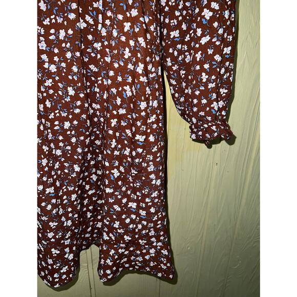 Boho Babydoll Size Large Mini DRESS Smocked Brown Blue Floral Square Neck NEW - Picture 9 of 11